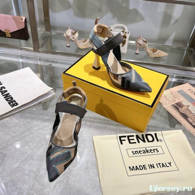 2025 Women Fendi Grey Blue Black Leather Mesh High Heels