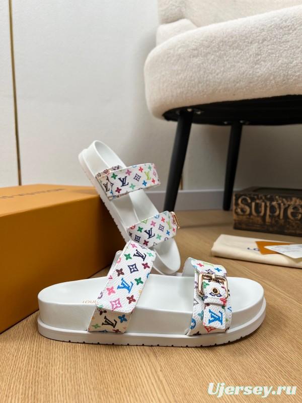 2025 Women Louis Vuitton White Multicolor Canvas Slippers KFY00280