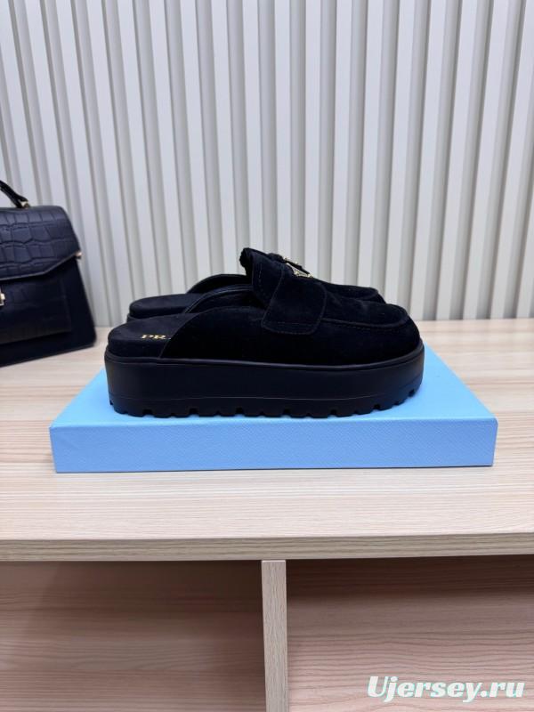 2025 Women Prada Black Suede Loafers Slip-On KFY00280