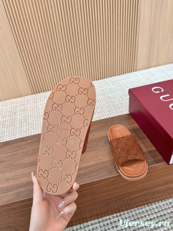 2025 Women Gucci Brown Suede Leather Slippers