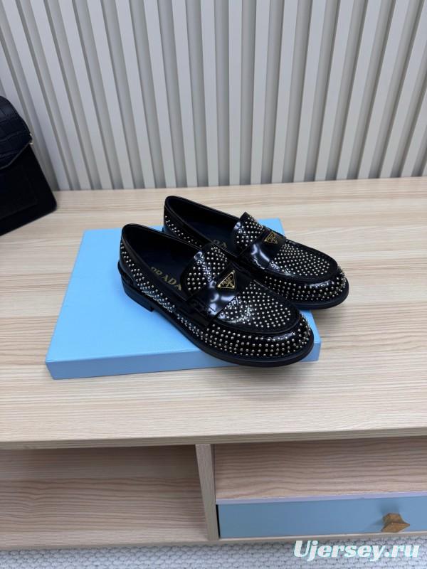 2025 Women Prada Black Leather Loafers Studded LY00340