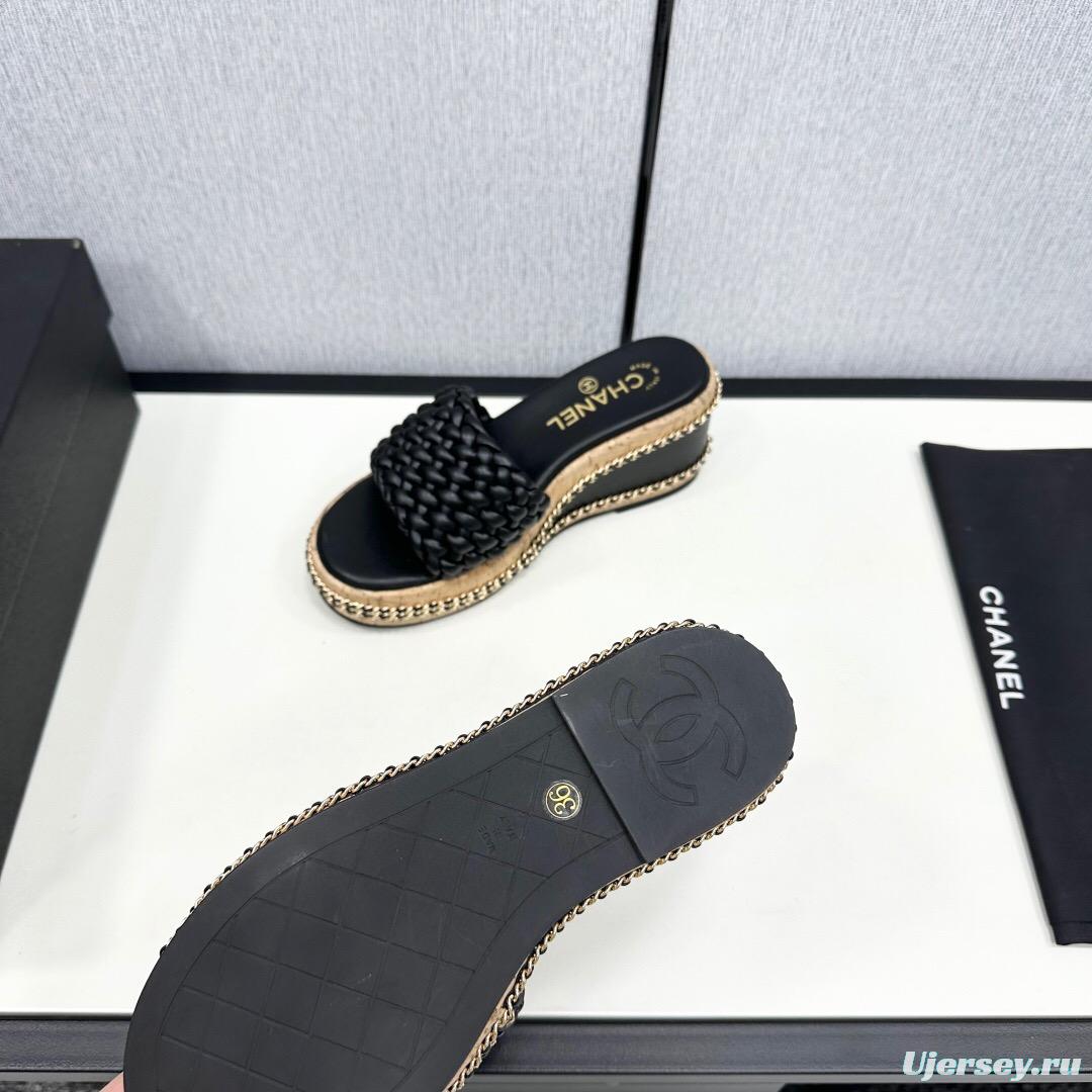 2025 Women Chanel Black Leather Woven Platform Sandals
