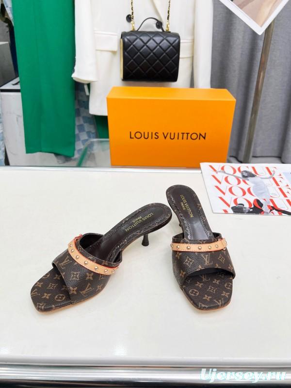 2025 Women Louis Vuitton Brown Leather Kitten Heel Mules LY00260