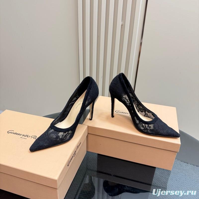 2025 Women Gianvito Rossi Black Lace Leather High Heel KFY00280