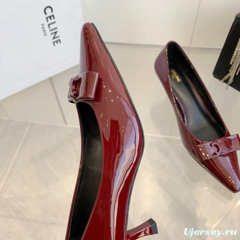 2025 Women Celine Burgundy Patent Leather Pointed Toe Pumps