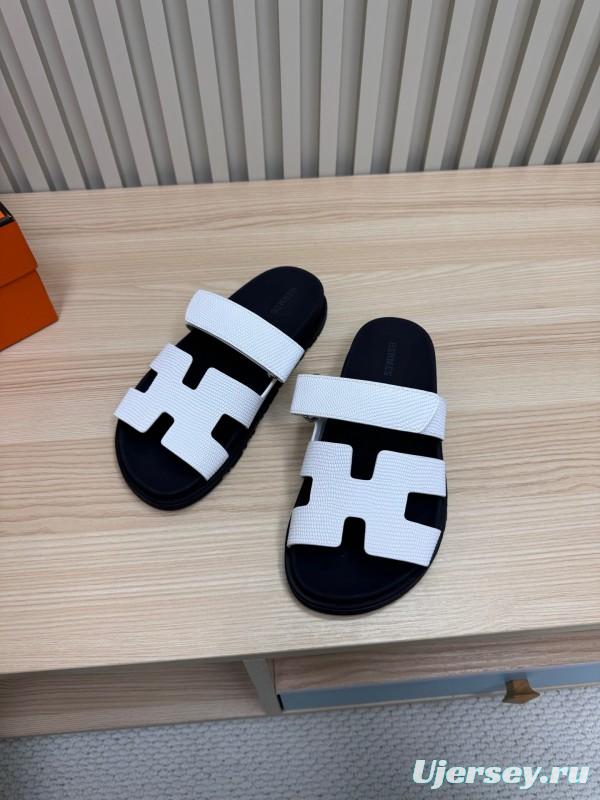 2025 Women Hermès White Black Leather Slippers