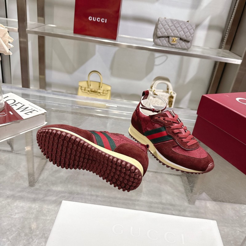 2025 Women Gucci Burgundy Red Suede Fabric Sneakers LY00340