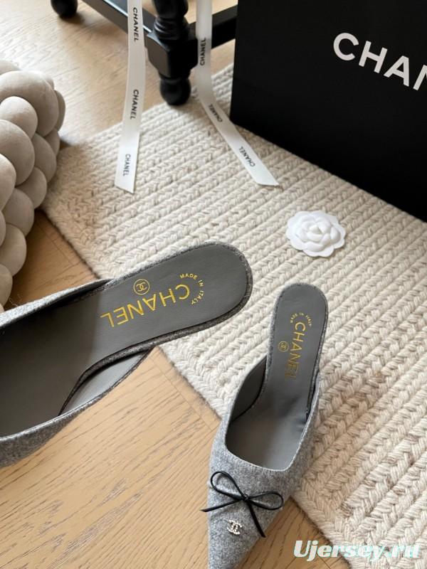 2025 Women Chanel Grey Fabric Pointed Toe Mules KFY00290