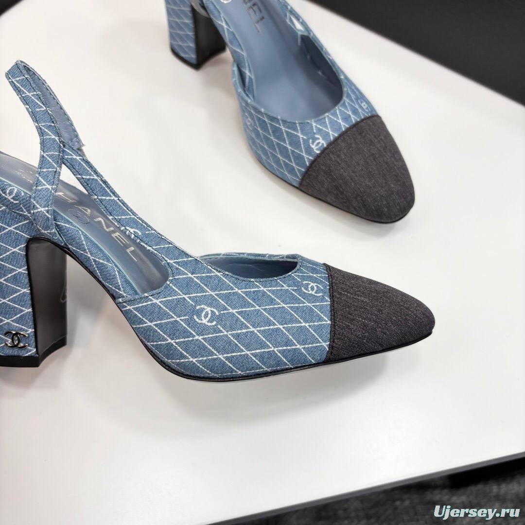 2025 Women Chanel Blue Black Denim Leather Slingback LY00270