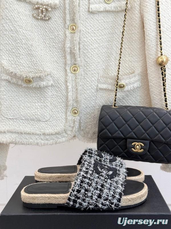 2025 Slippers Chanel Black White Tweed Espadrille Handcrafted KFY00230