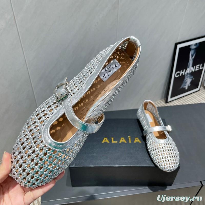 2025 Women Alaïa Silver Leather Woven Mary Jane Flats LY00360(F)