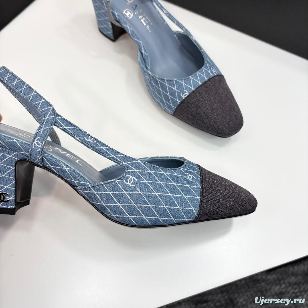 2025 Women Chanel Blue Grey Denim Leather Slingback Shoes