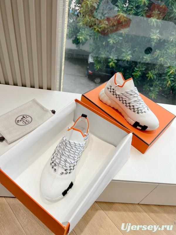 2024 Unisex Hermès White Grey Orange Calfskin Suede Knit Sneakers MJ00290(F/M)