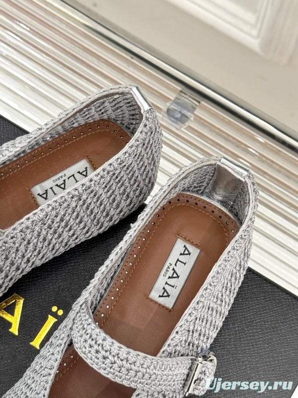 2025 Women AlAIA White Grey Knit Mary Jane Ballet Flat