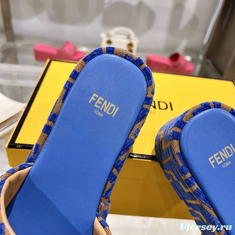 2025 Fendi Blue Brown Canvas Slippers