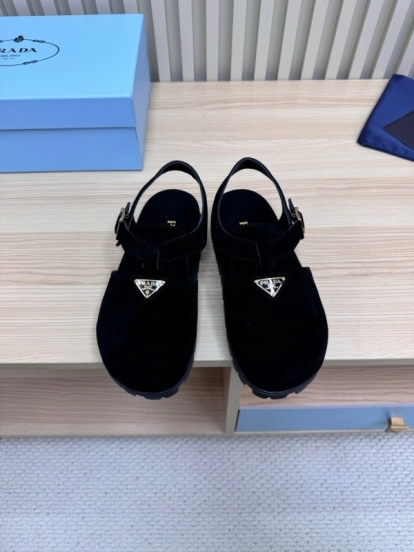 2025 Women Prada Black Suede Sandals LY00280