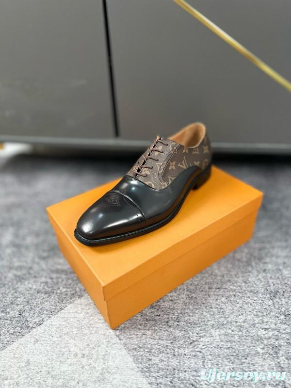 2024 Men Louis Vuitton Brown Black Leather Canvas Oxford MJ00380
