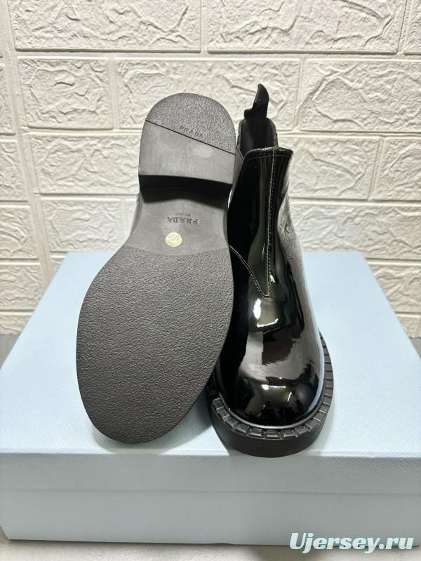 2024 Unisex Prada Black Patent Calf Leather Cowhide Leather Ankle Boots MJ00380