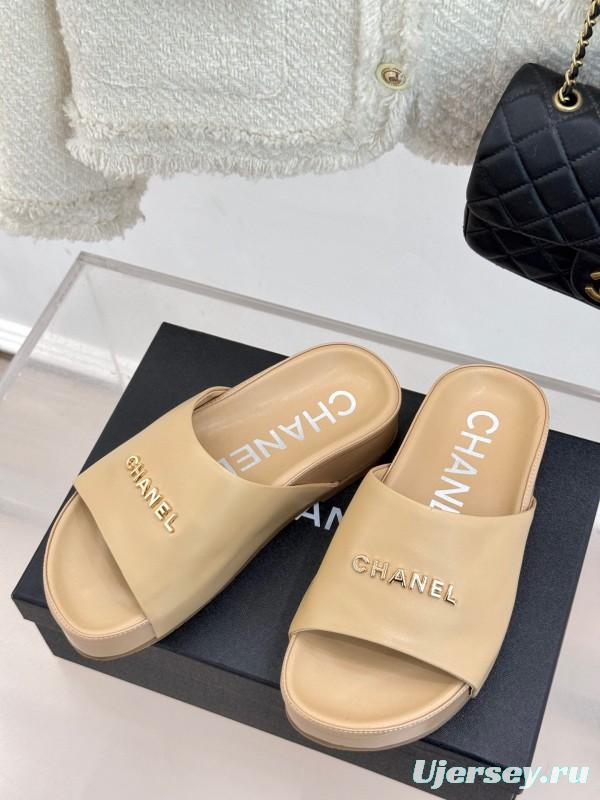 2025 Women Chanel Beige Leather Slippers