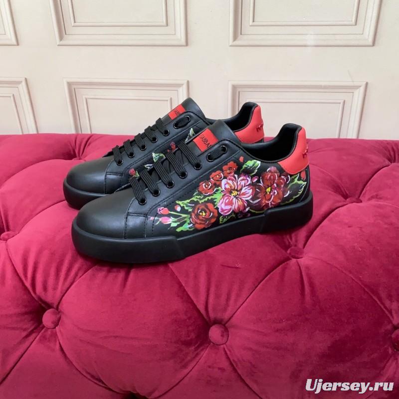 2025 Women Dolce & Gabbana Black Red Leather Sneakers Floral LY00300