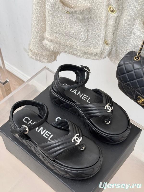 2025 Women Chanel Black Leather Sandals Platform