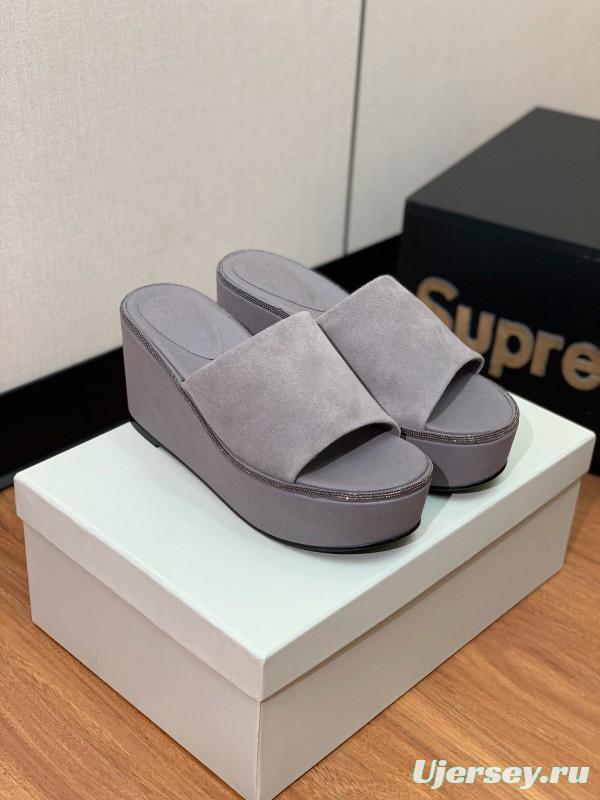 2025 Women BRUNELLO CUCINELLI Grey Suede Platform Slide Sandals Elegant Craftsmanship LY00360(F)