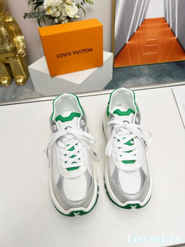 2025 Unisex Louis Vuitton White Green Leather Mesh Rubber Sneakers LY00340