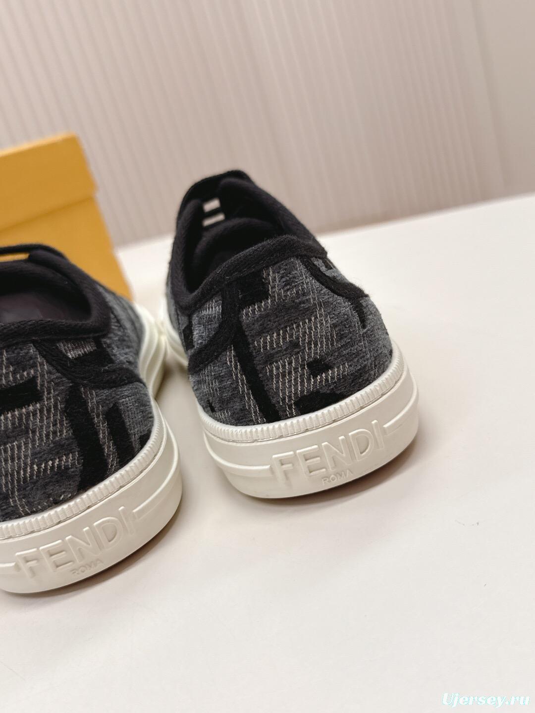 2025 Women Fendi Black Grey Fabric Leather Sneakers