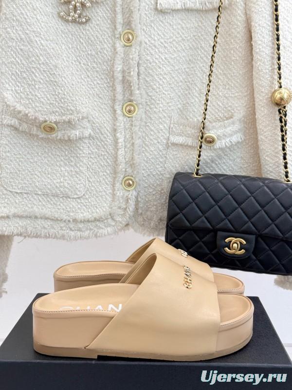 2025 Women Chanel Beige Leather Slippers