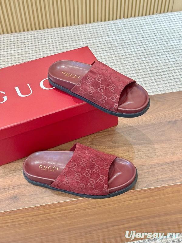 2025 Women Gucci Red Suede Leather Slippers
