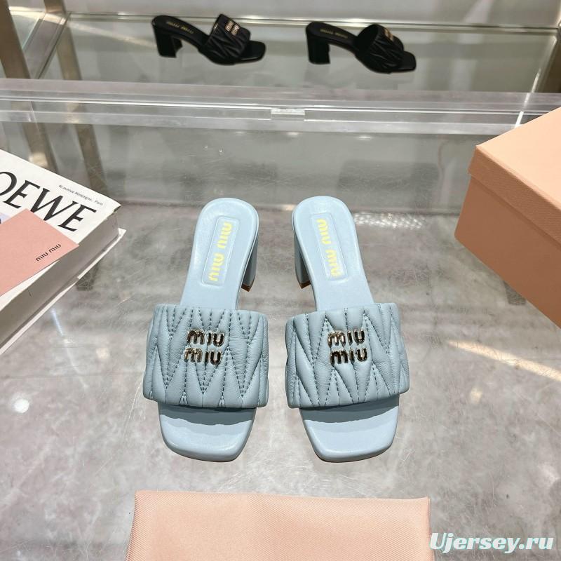 2025 Women Miumiu Light Blue Sheepskin Heeled Sandals