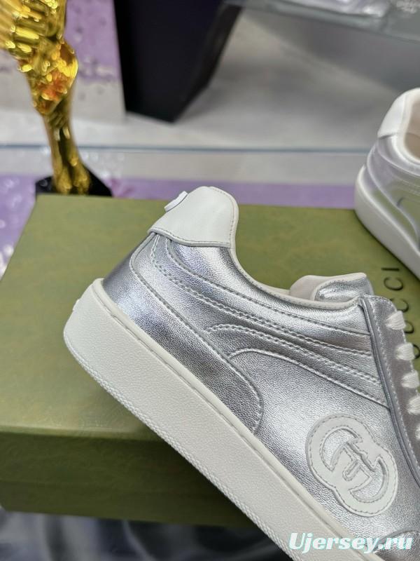 2024 Unisex Gucci Silver White Leather Suede Sneakers MJ00310