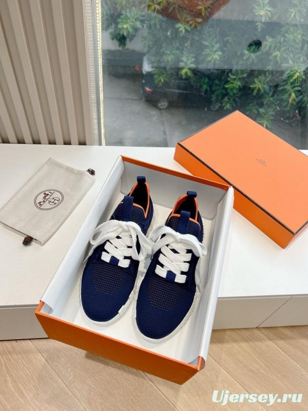 2024 Unisex Hermès Navy Brown Calfskin Suede Knit Sneakers MJ00290