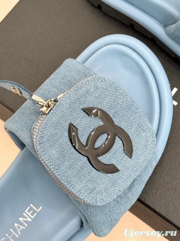 2025 Slippers Chanel Light Blue Denim Slippers KFY00220