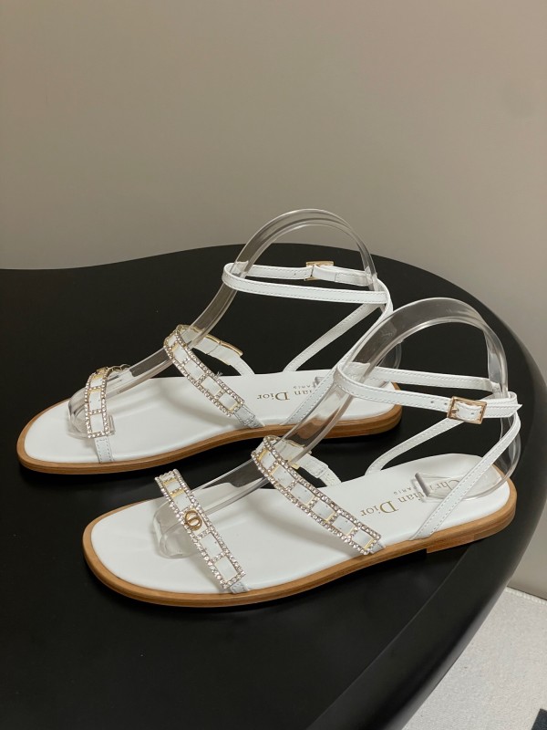 2025 Women Dior White Leather Flat Sandals Crystal Embellishment