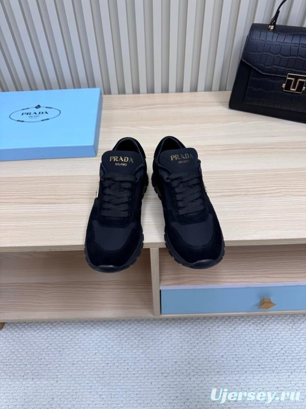 2025 Women Prada Black Suede Nylon Sneakers LY00300