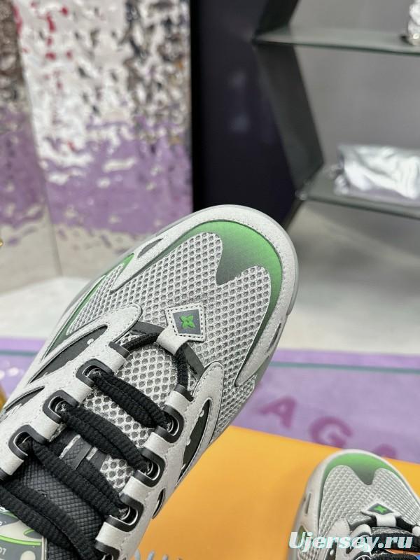 2025 Men Louis Vuitton Green Grey Mesh Leather Sneakers MJ00420