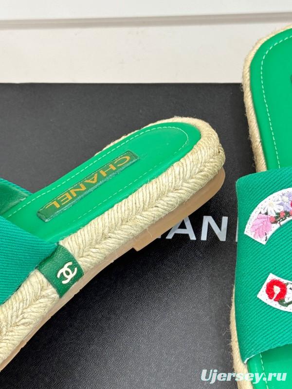 2025 Women Chanel Green Canvas Leather Slippers Embroidered KFY00230