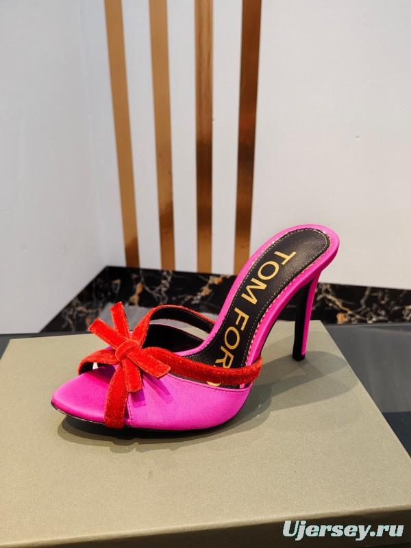 2025 Women TOM FORD Pink Red Silk Velvet High Heel Mules KFY00290