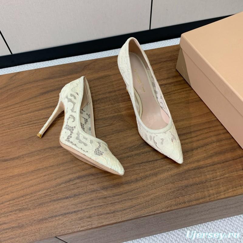 2025 Women Gianvito Rossi White Lace Leather Pumps KFY00280