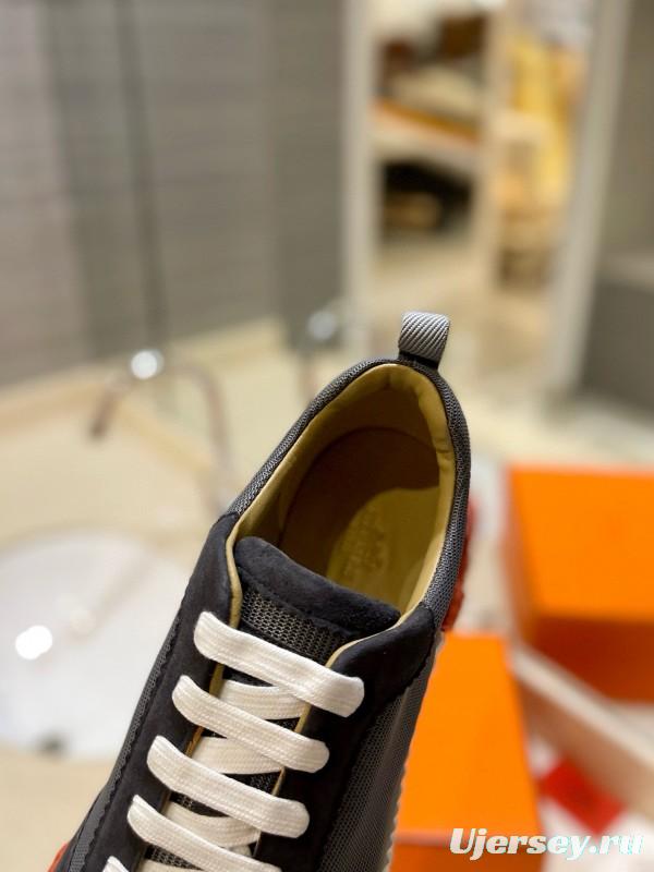 2024 Unisex Hermès Black Gray Imported Calfskin Rainproof Fabric Sneakers MJ00320