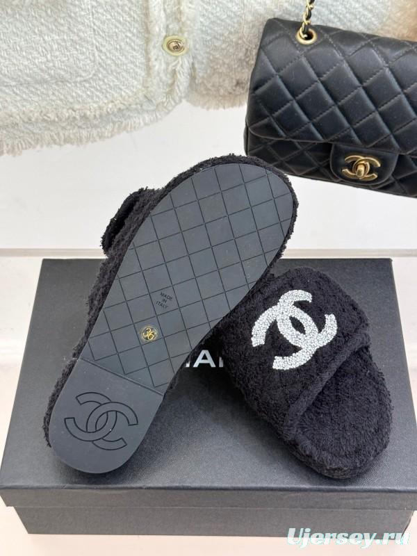 2025 Women Chanel Black Terry Cloth Slippers KFY00220