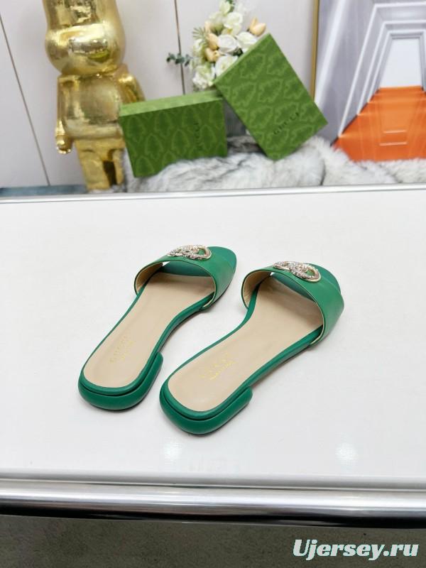 2025 Women Gucci Green Leather Flat Heel Slippers Double G Buckle MJ00190