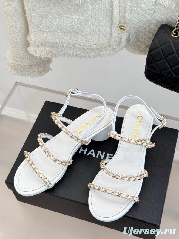 2025 Women Chanel White Leather Chain Strap Sandals