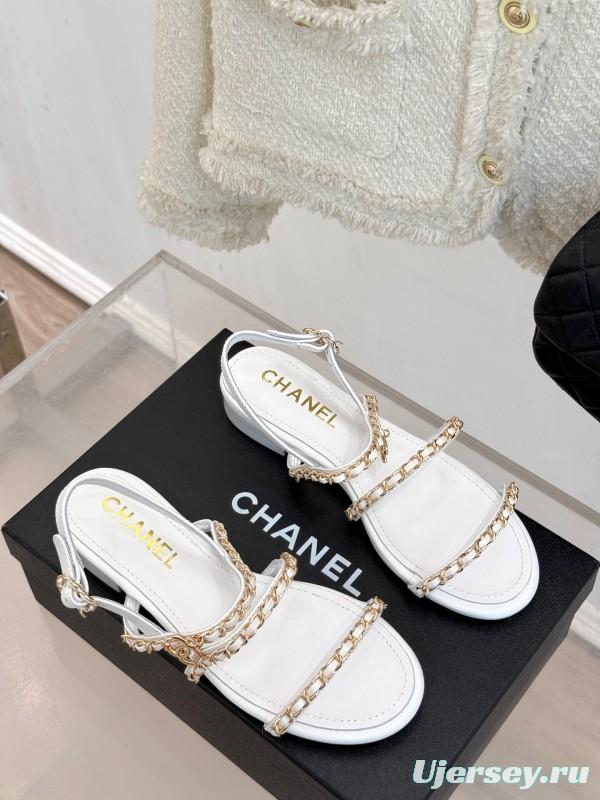 2025 Women Chanel White Leather Chain Strap Sandals