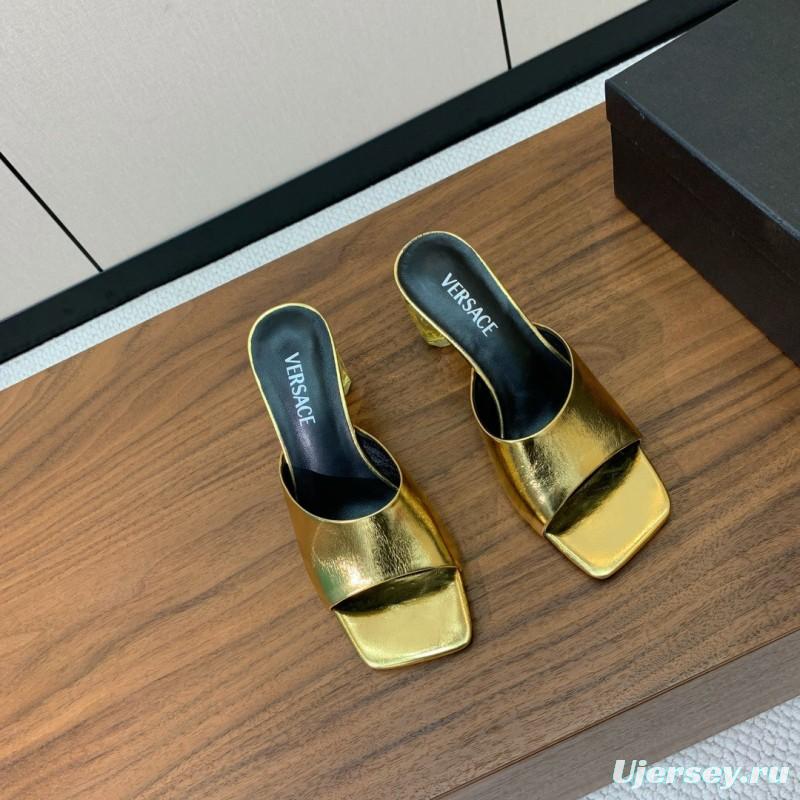 2025 Women VERSACE Gold Leather Heeled Sandals