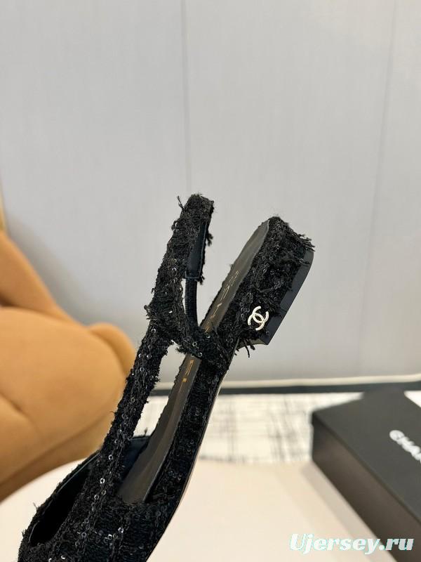 2025 Women Chanel Black Leather Tweed Ballet Flats LY00240