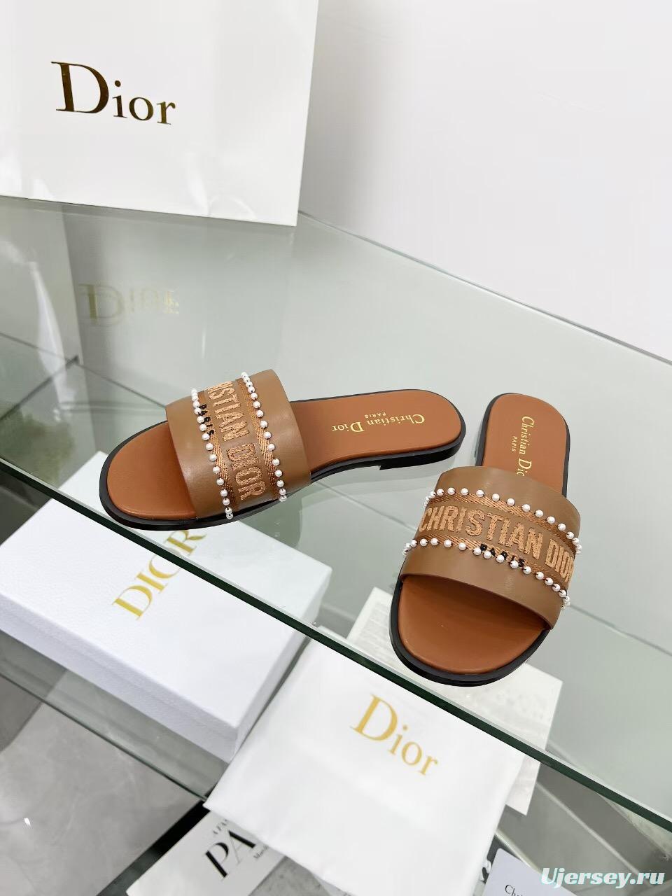 2025 Slippers Dior Brown Leather Women Slide Pearl LY00190