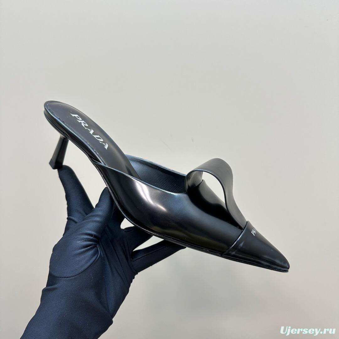 2025 Women Prada Black Leather Mules