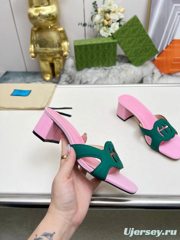2025 Women Gucci Pink Green Leather Slippers